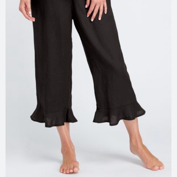 Flax Linen Pants Size S Ruffled Bloomers Capris Black Lagenlook Cottagecore - Picture 2 of 13